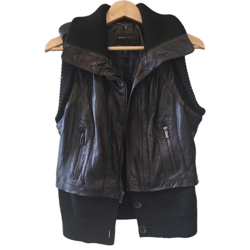 BCBG Max Azria leather biker vest black silver zippers quilted detailing edgy - Picture 2 of 11